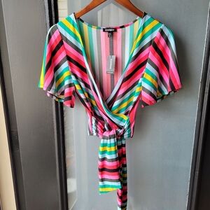 NWT Express Spring Color Striped Blouse W/Strap Size Small Short Sleeve V Neck